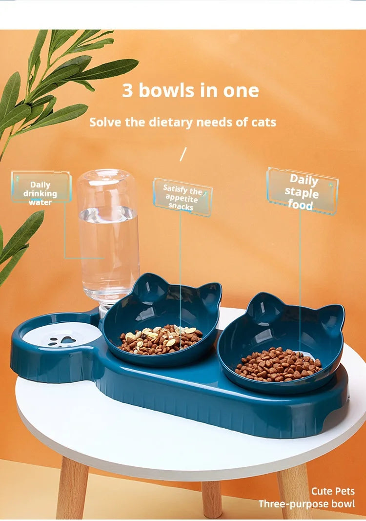 3-in-1 Elevated Cat Bowl & Gravity Water Feeder – Tilted Food & Water Bowl Set for Cats & Small Dogs