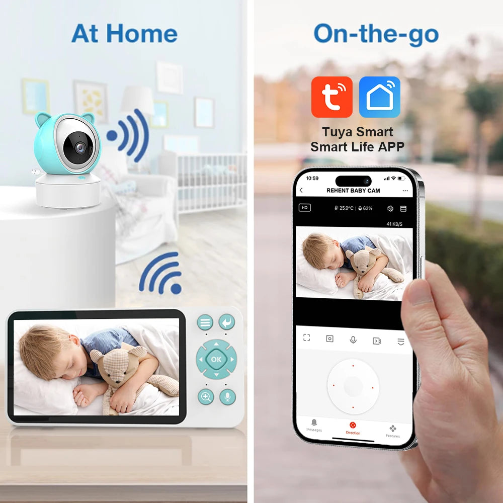 5" Tuya Smart WiFi Feeding Reminder Temperature Motion Sound Detection APP View Control Audio Video Baby Monitors Camera 1080P - PULSE MART