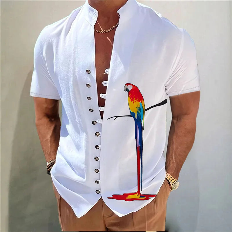 Men’s Printed Button Shirt – Stand Collar, Loose Fit Casual Streetwear Top