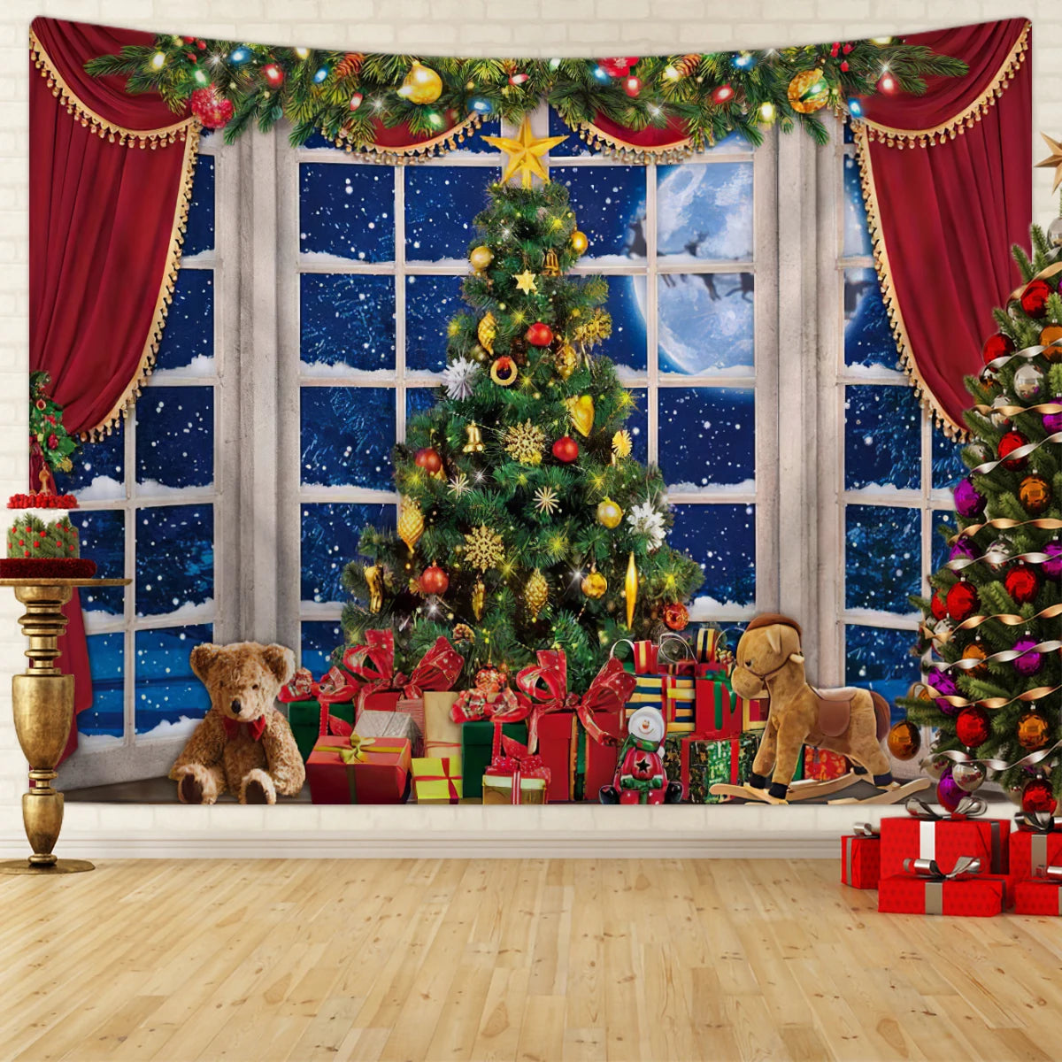 1pc Christmas tapestry, Christmas window tapestry, Christmas tree snow scene photography screen, Christmas decoration tapestry