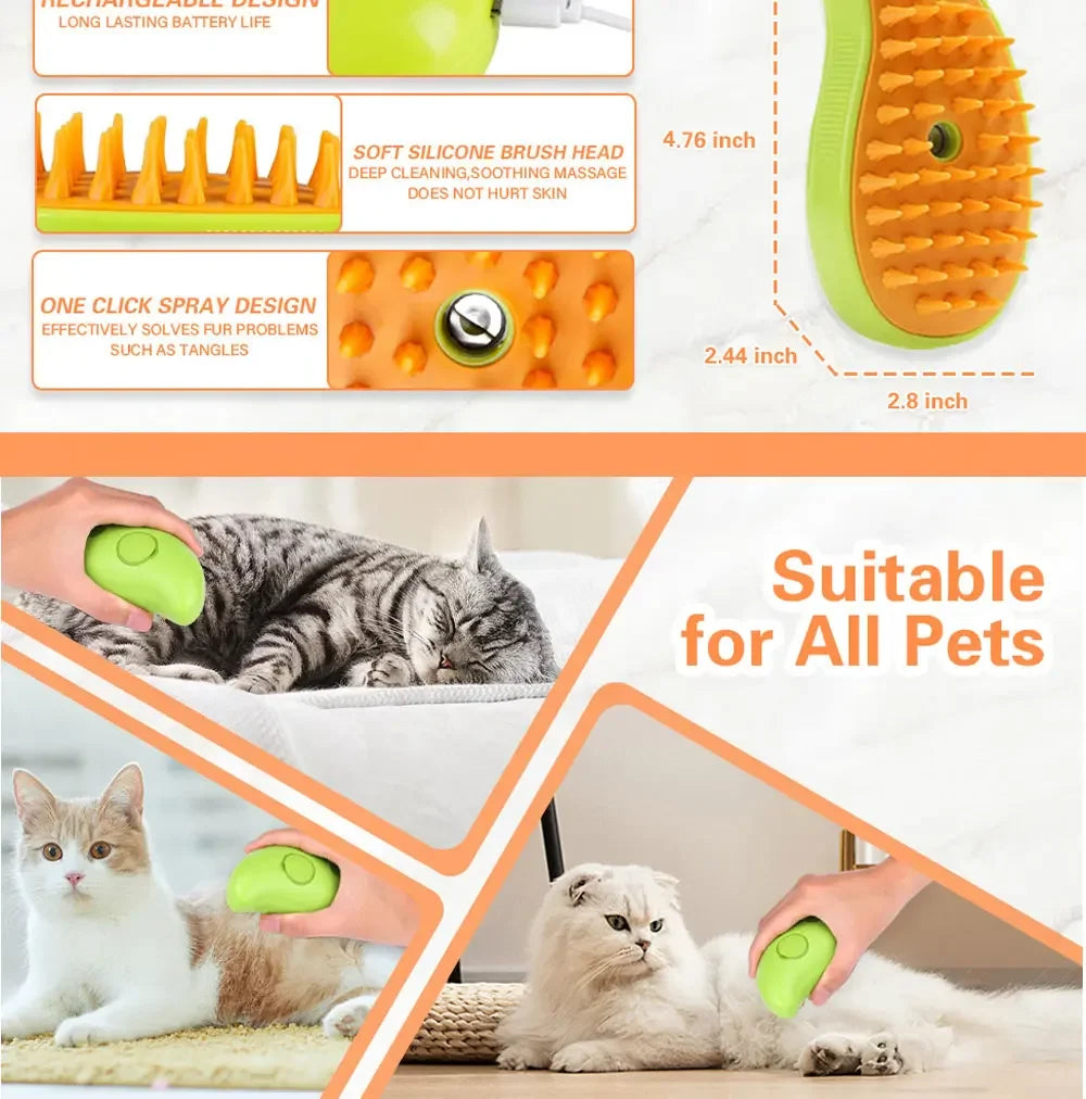 3-in-1 Electric Pet Steam Brush – Cat & Dog Grooming Brush with Spray & Massage Comb