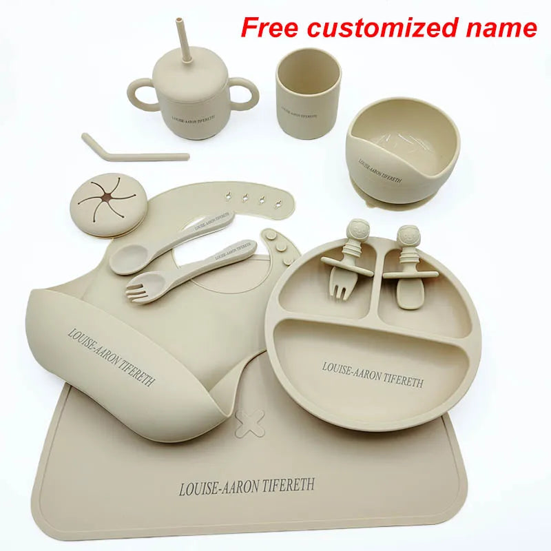 Silicone Baby Feeding Set 10Pcs Children Tableware Set Personalized Name Plates Bowls Placemats Spoon Fork For Kids Newborn Gift - PULSE MART