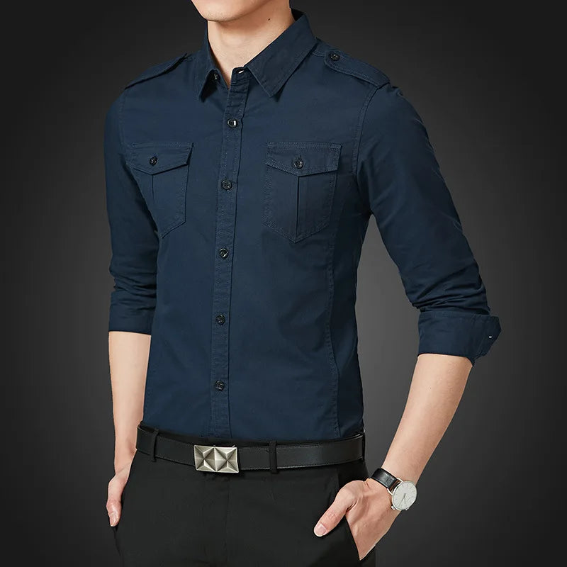 Mens Military Shirts 2025 Autumn Long Sleeve Casual Workwear Pocket Shirts Camisas