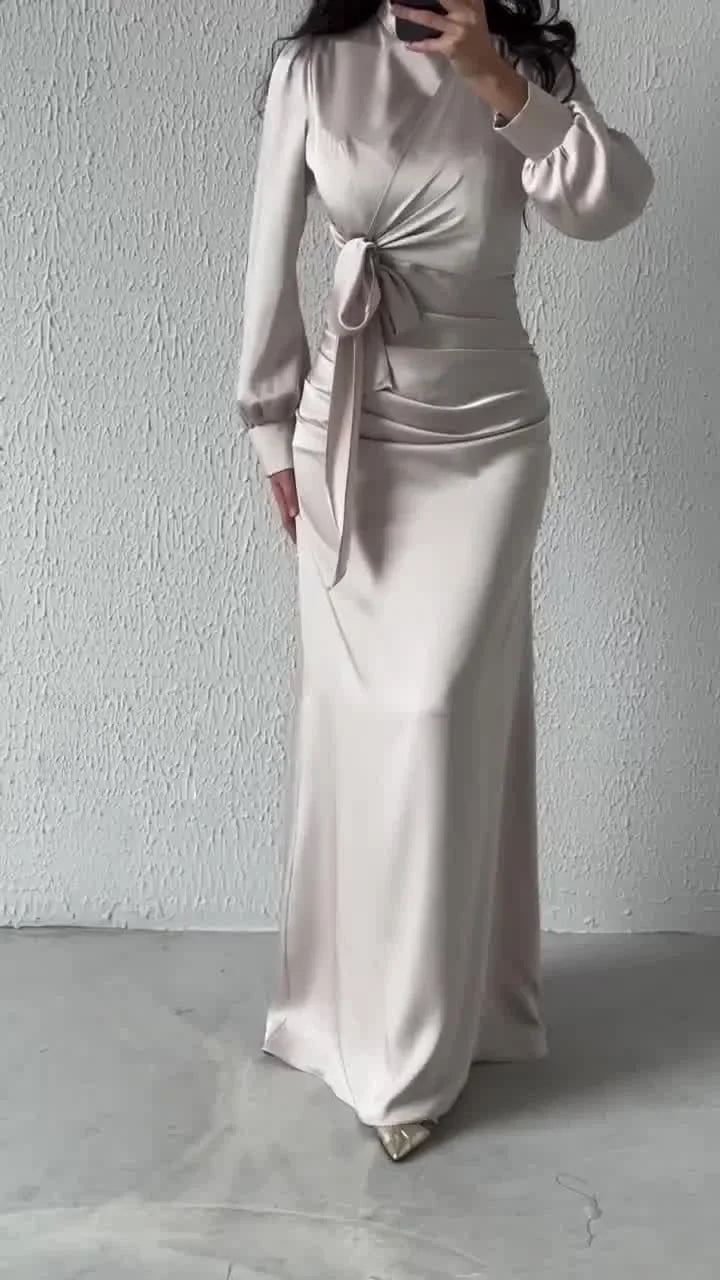 Elegant Satin Party Dress 2024 – Autumn Long Sleeve, Round Neck Skinny Evening Outfit