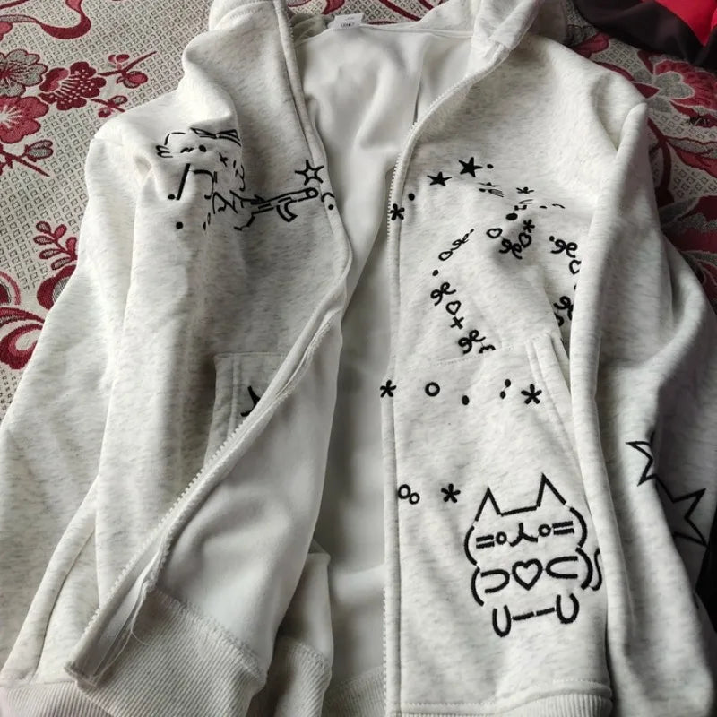 With Hat Hoodies Women Loose Fit Cute Embroidery Design Lazy Style Chic Outwear