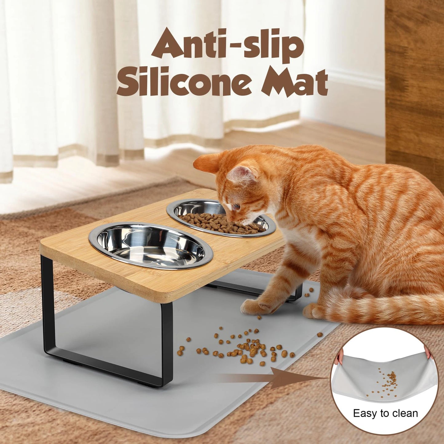 Elevated Cat Bowls with Food Mat – 15° Tilted Raised Feeder with 2 Stainless Steel Bowls