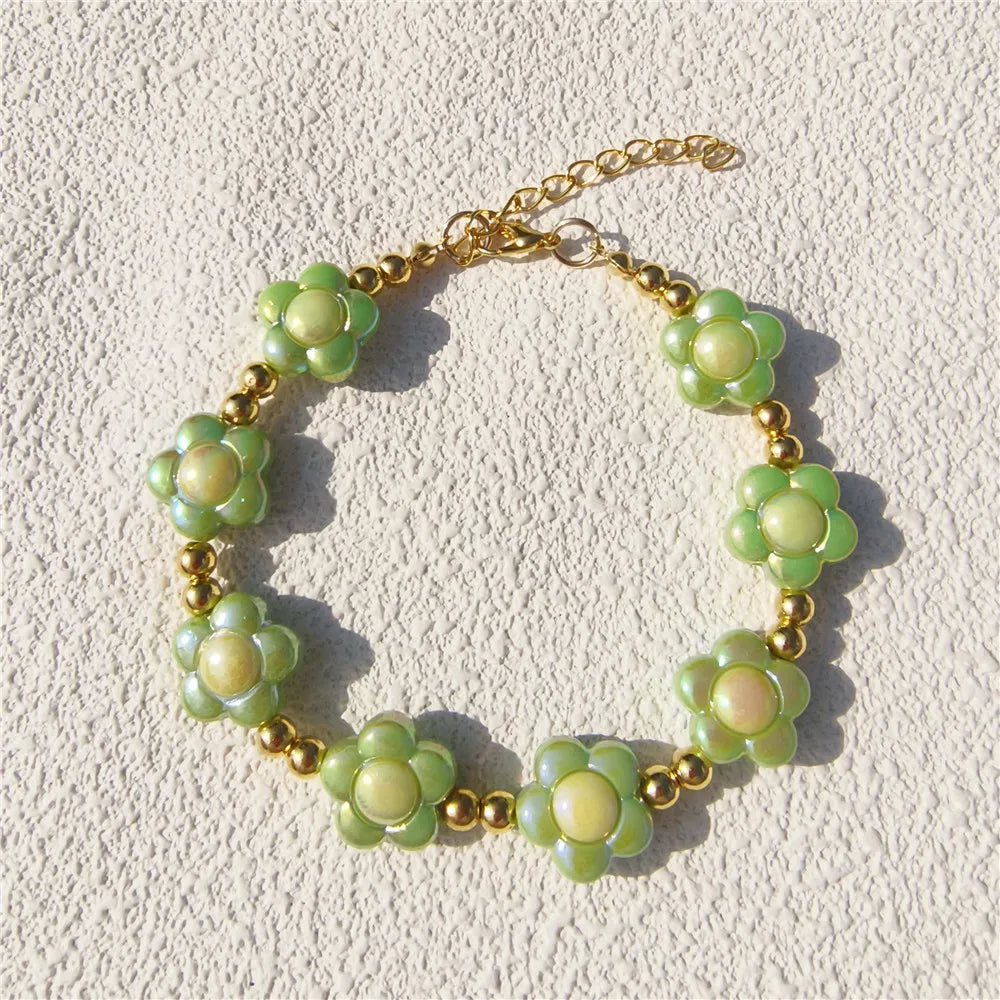 Cute Candy-Colored Pet Collar: Pearl Necklace with Flower Beads & Alloy Chain