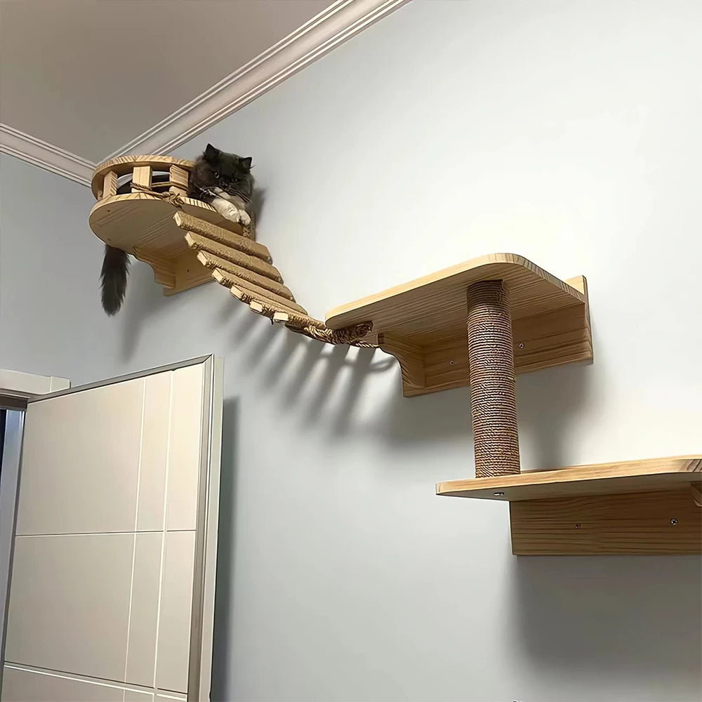 Wooden Cat Cage Climbing Frame - Sisal Rope Ladder & Tree Tower Bridge