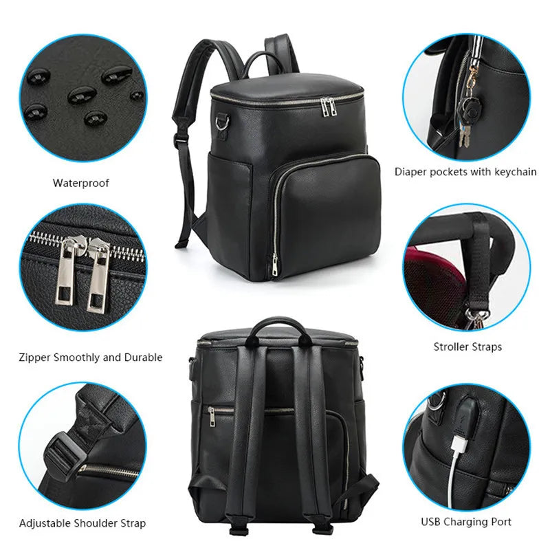 PU Leather Diaper Bag Backpack Large Capacity Travel Carry Bag Maternity Bag Stroller Organizer Nappy Changing Bags Diaper pad - PULSE MART
