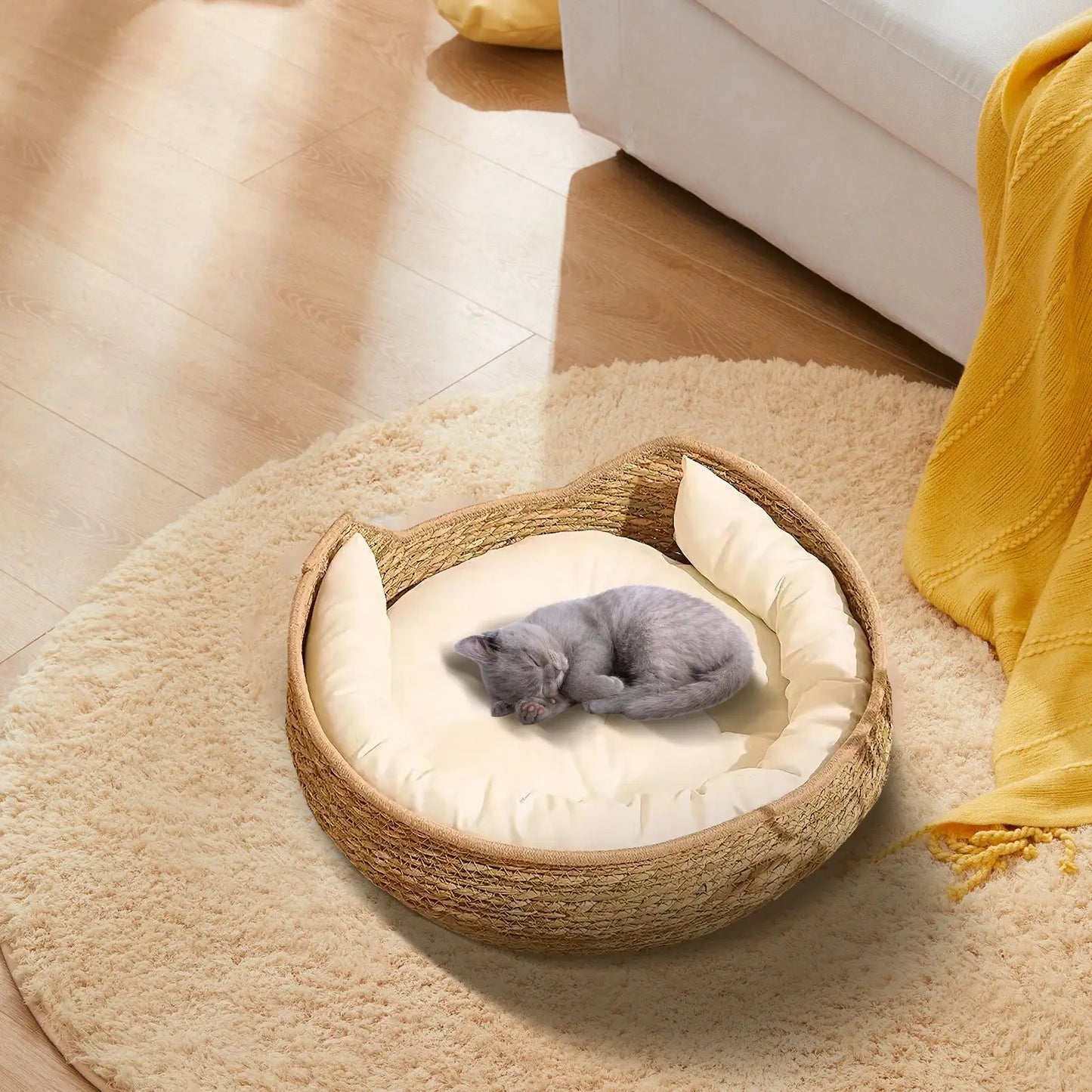 Woven Cotton Rope Cat Basket Bed - Round Sleeping Nest with Luxury Pillow