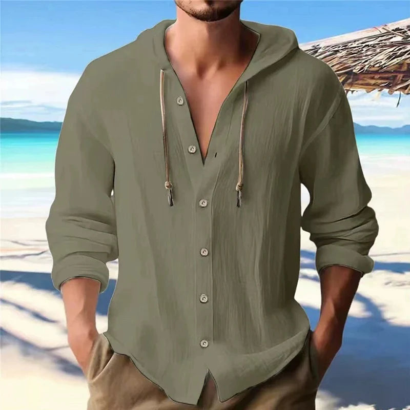 Men’s Linen Hooded Shirt – Casual Long Sleeve Button Cardigan Top - PULSE MART