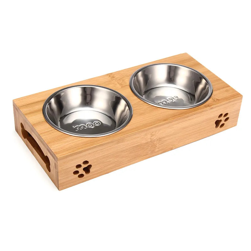 Ceramic Elevated Double Pet Bowls - Bamboo Wooden Stand for Cats & Small Dogs