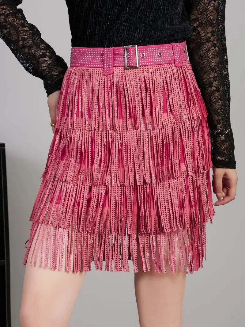 Women’s Autumn Skirt  – High Waist Belted A-Line with Rhinestones, Fringe & Layered Cake Design