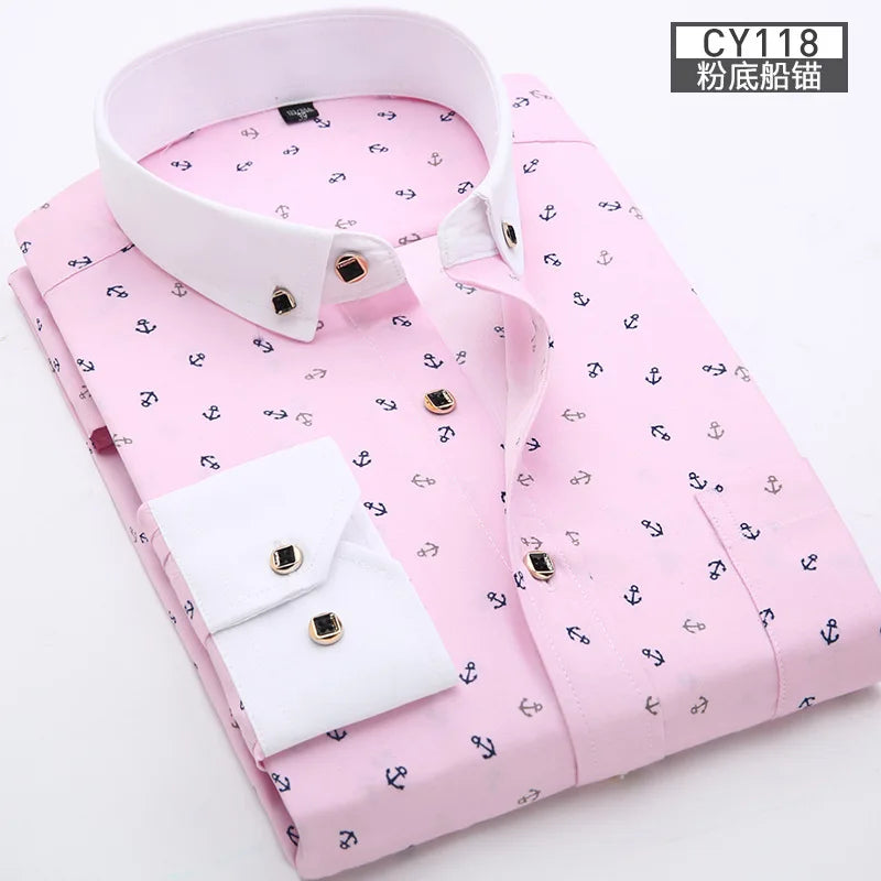 New men's shirt Thin long-sleeved printed spring/summer non-ironing slim breathable shirt