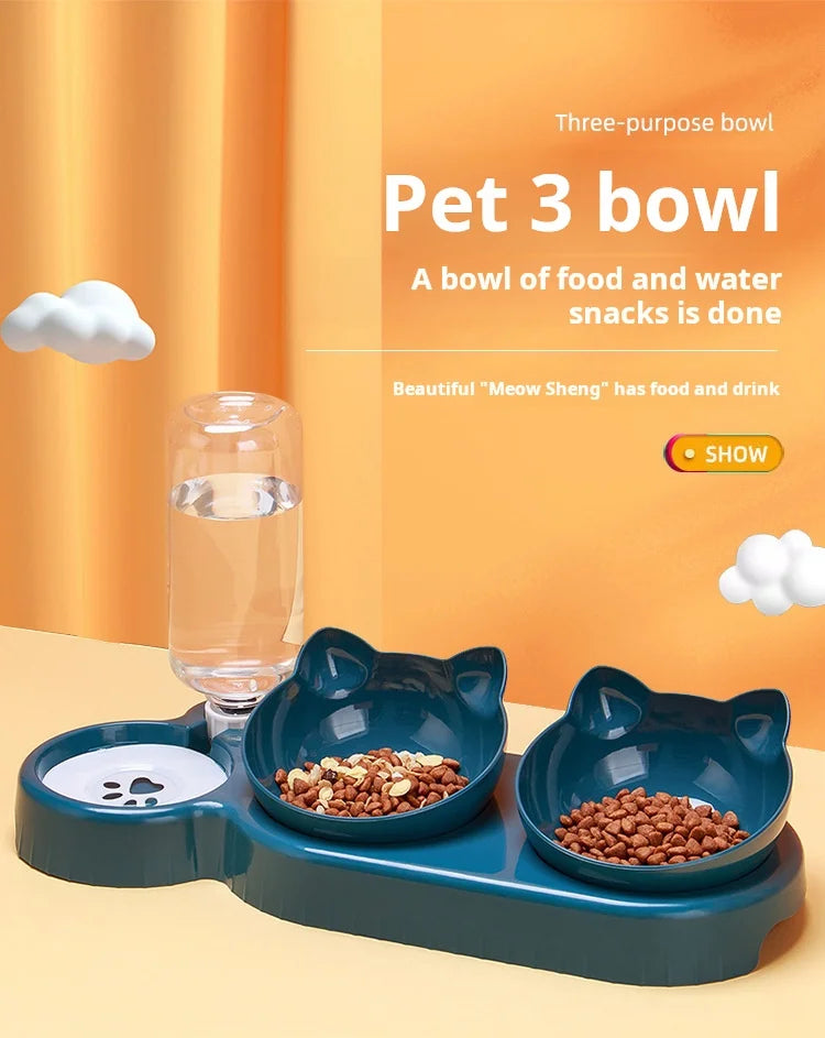 3-in-1 Elevated Cat Bowl & Gravity Water Feeder – Tilted Food & Water Bowl Set for Cats & Small Dogs