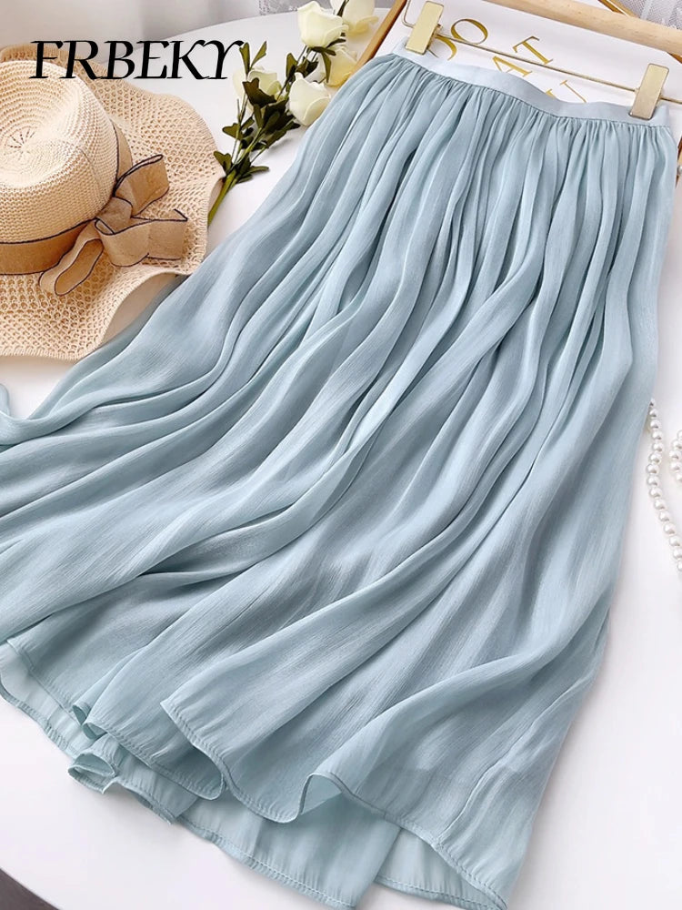 Women’s Summer Pleated A-Line Skirt – High Waist Slim Long Skirt, Elegant Streetwear