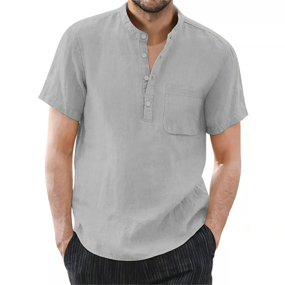Men's Cotton &amp; Linen Short Sleeve T-shirt – Solid Color Casual Summer Shirt