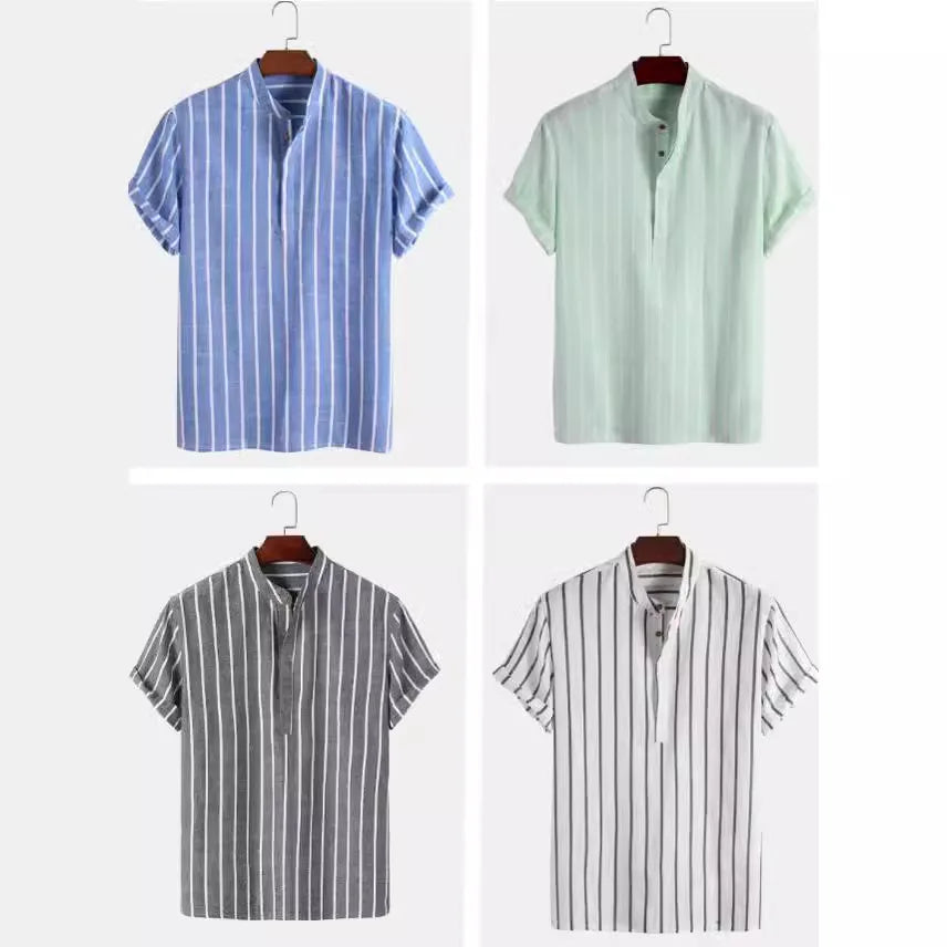 Men’s Striped Short Sleeve Shirt – Casual Linen Blend Stand Collar Summer Top
