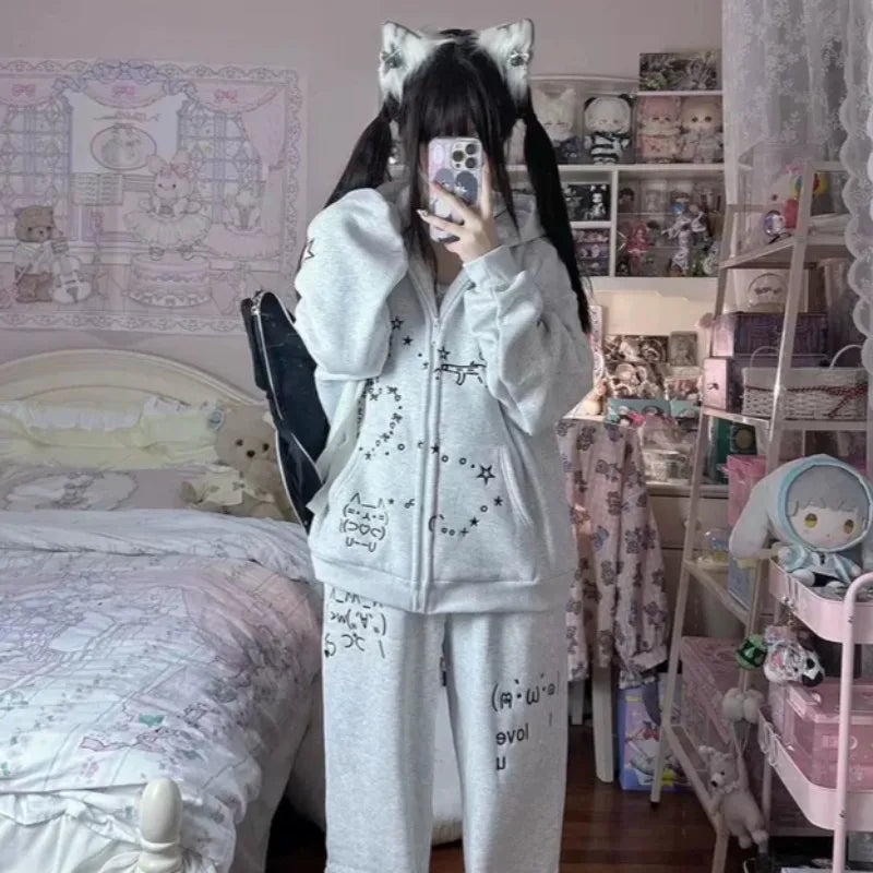 With Hat Hoodies Women Loose Fit Cute Embroidery Design Lazy Style Chic Outwear