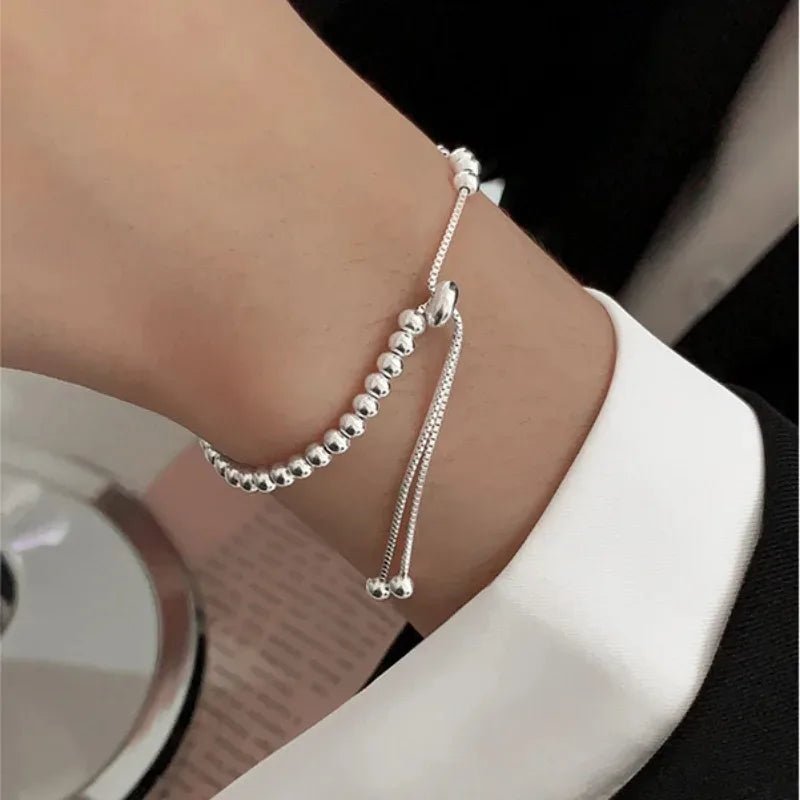 925 Sterling Silver Beads Bracelets for Women 100% Solid Adjustable Handmade
