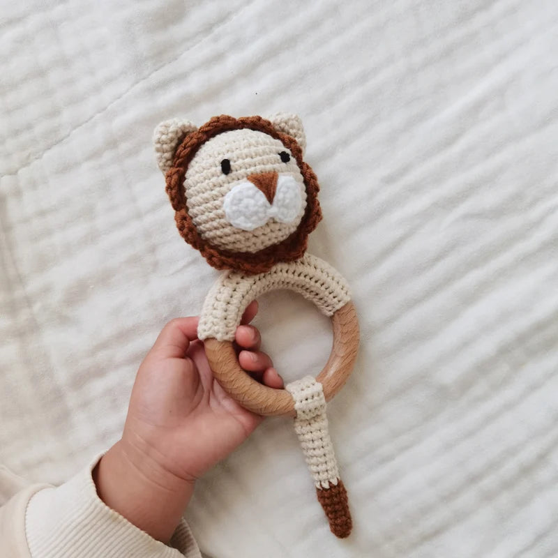 Amigurumi Cartoon Animal Baby Rattle Cute Wooden Ring Handhold Newborn Rattle Toys Handmade Pacifier Clips Kids Educational Toys - PULSE MART