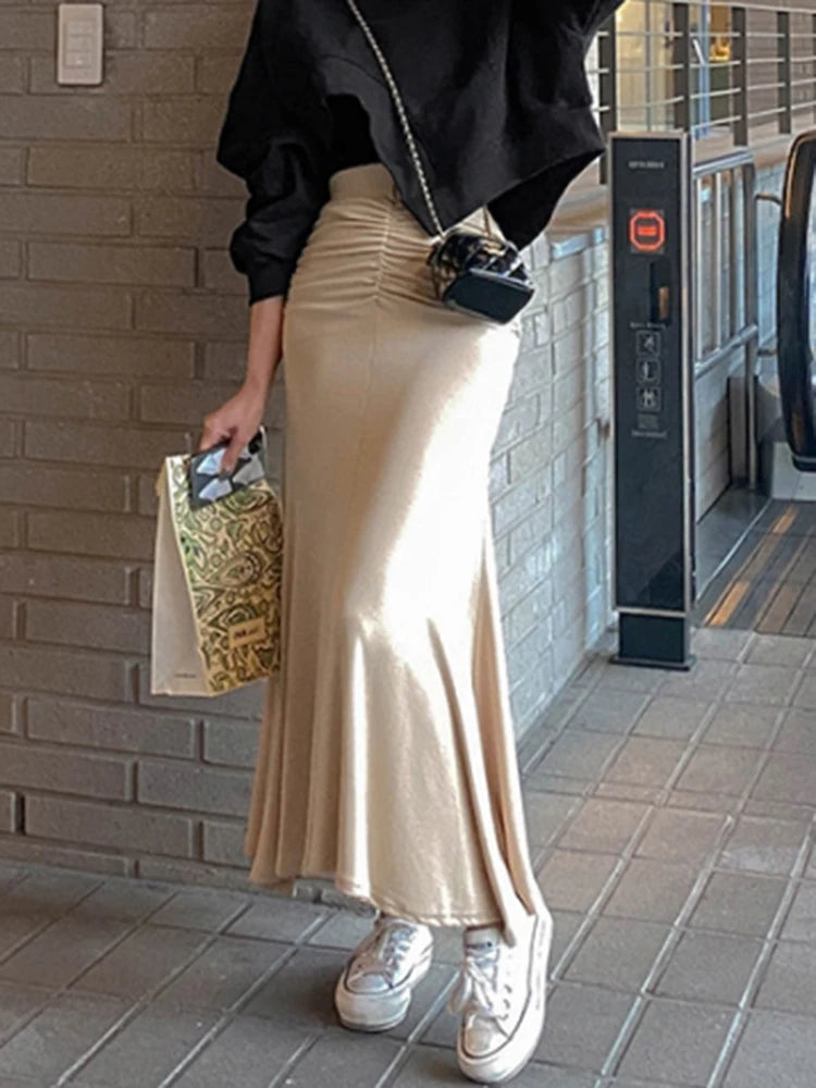 Shirring Satin Skirts for Women High Waisted Skirt 2025 Women A-Line Elegant Skirts