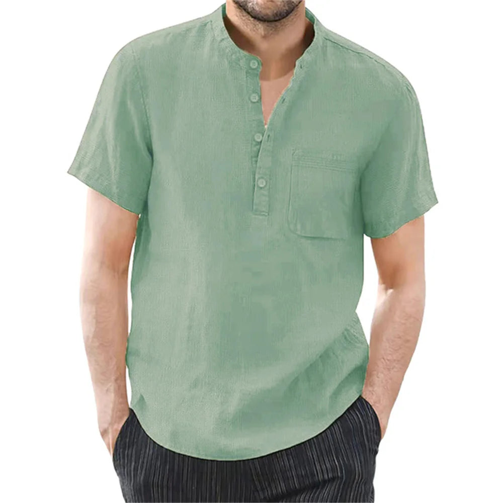 Men's Cotton &amp; Linen Short Sleeve T-shirt – Solid Color Casual Summer Shirt