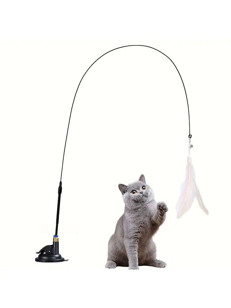 Interactive Cat Teaser Toy – Feather Wand with Bell & Suction Cup for Indoor Cats