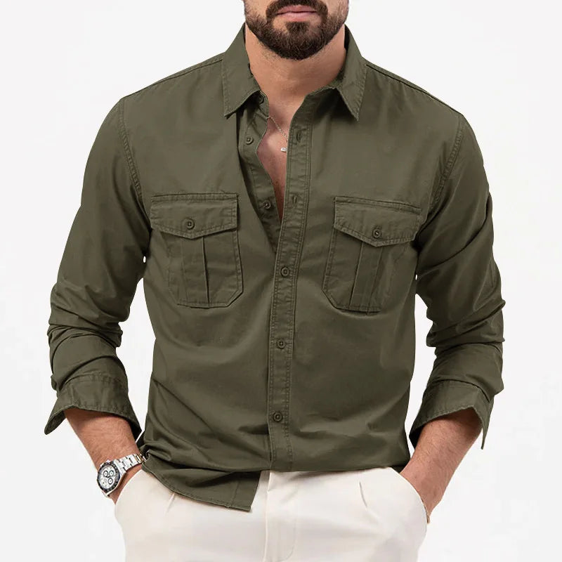 Men’s Business Casual Shirt – Army Green Long Sleeve Camisa Masculina