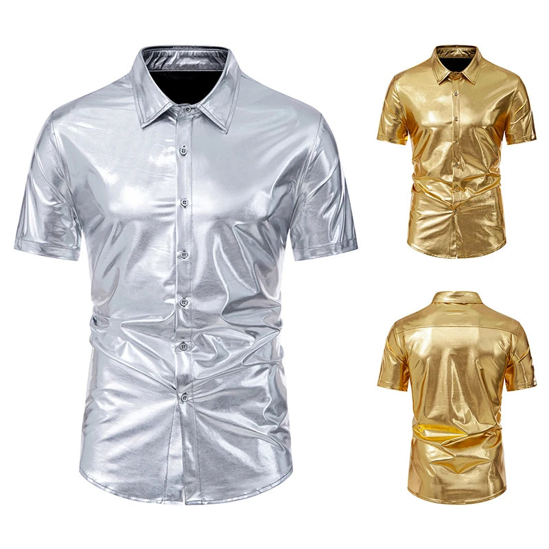 Men’s Metallic Shiny Short Sleeve Shirt – Party Casual Dress Shirt SS29