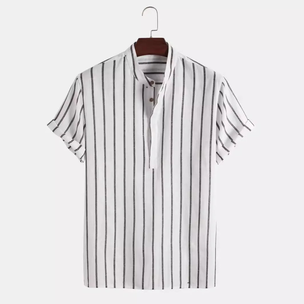 Men’s Striped Short Sleeve Shirt – Casual Linen Blend Stand Collar Summer Top