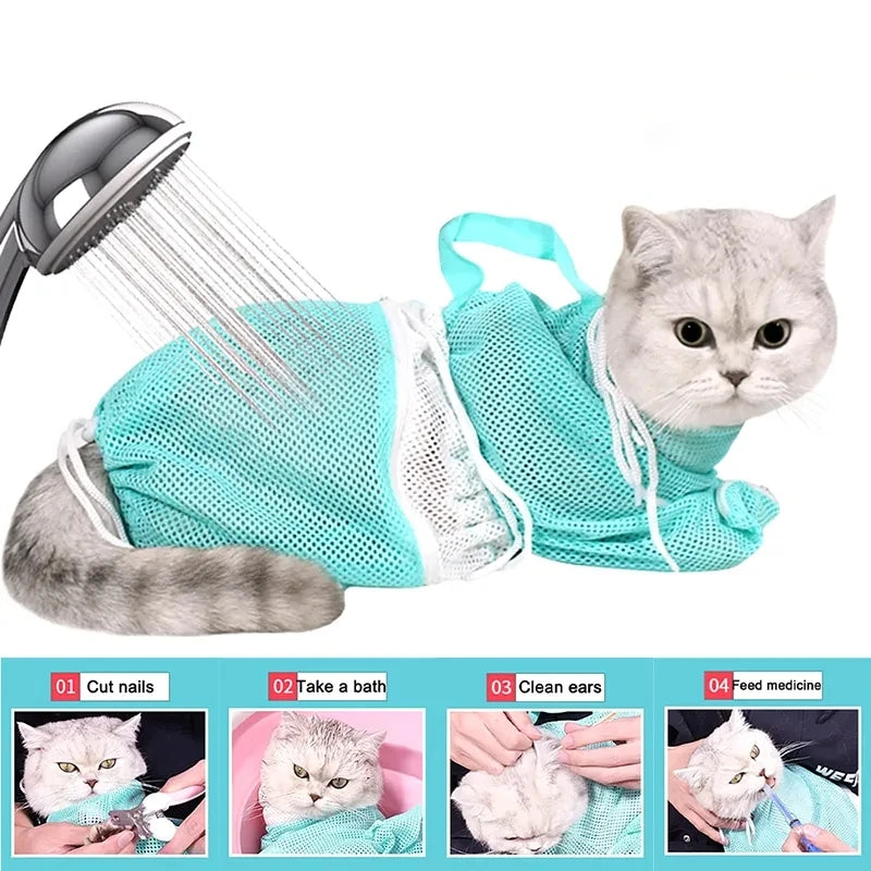 Cat Grooming Shower Bag – Adjustable Mesh Restraint Bag for Bathing & Nail Trimming