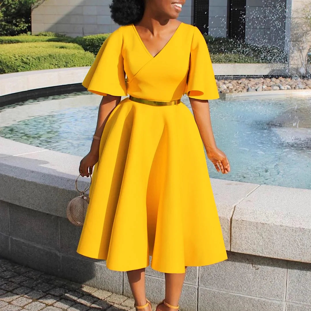 Women’s Elegant Party Dress – V-Neck, Ruffle Sleeves, High Waist Pleated Midi Vestido