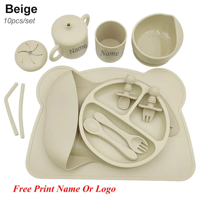 Silicone Baby Feeding Set 10Pcs Children Tableware Set Personalized Name Plates Bowls Placemats Spoon Fork For Kids Newborn Gift - PULSE MART
