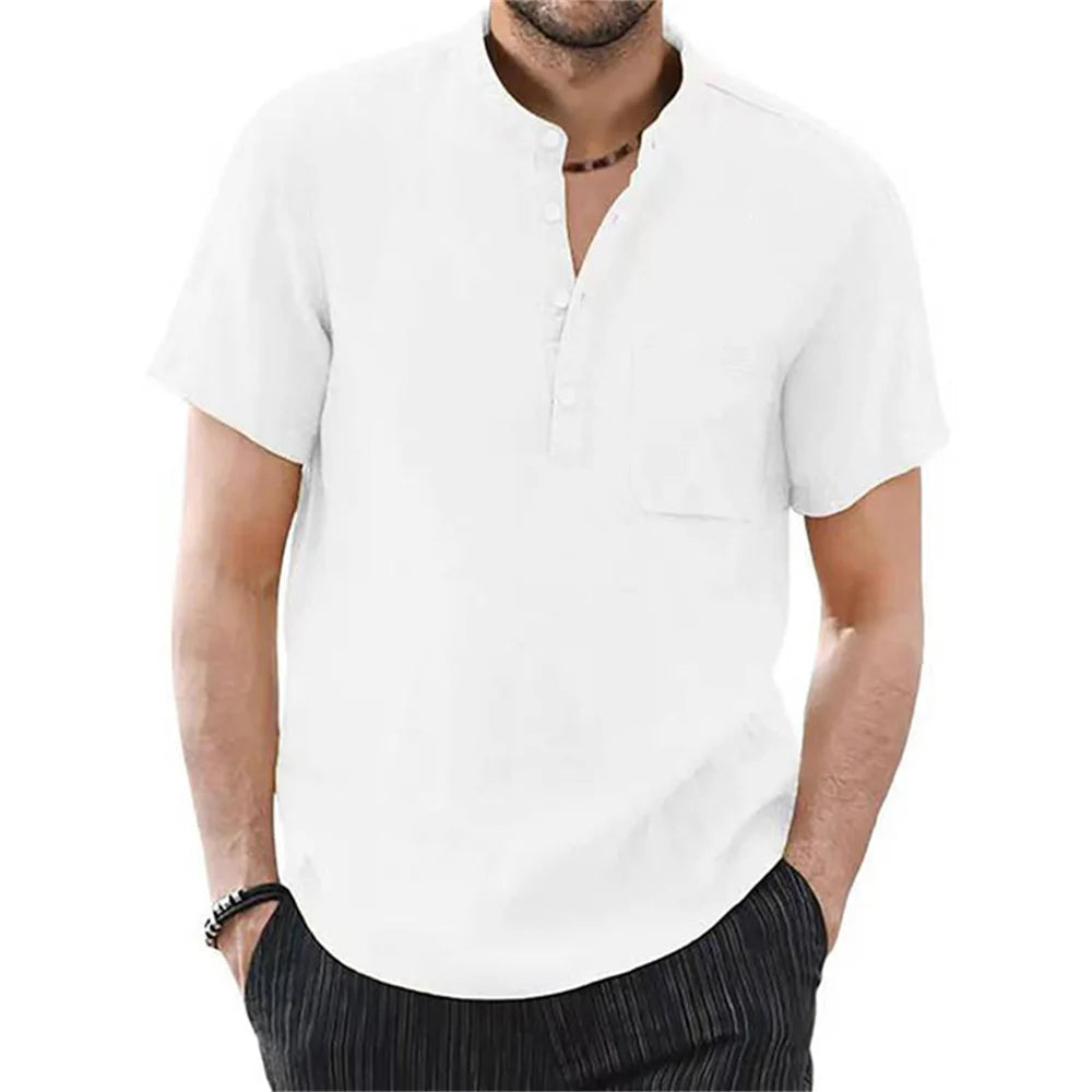 Men's Cotton &amp; Linen Short Sleeve T-shirt – Solid Color Casual Summer Shirt