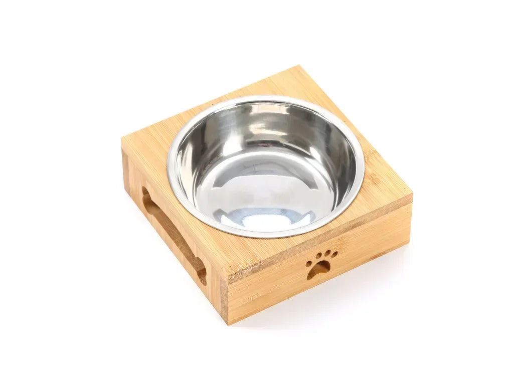 Ceramic Elevated Double Pet Bowls - Bamboo Wooden Stand for Cats & Small Dogs