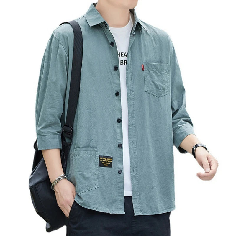 Men shirts Summer clothing Short-Sleeved shirts & blouses Daily Solid Color Stand-Up Collar