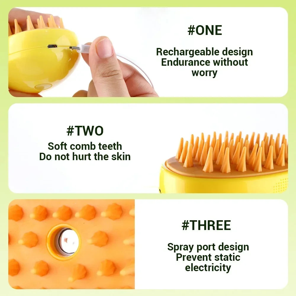 3-in-1 Electric Pet Steam Brush – Cat & Dog Grooming Brush with Spray & Massage Comb
