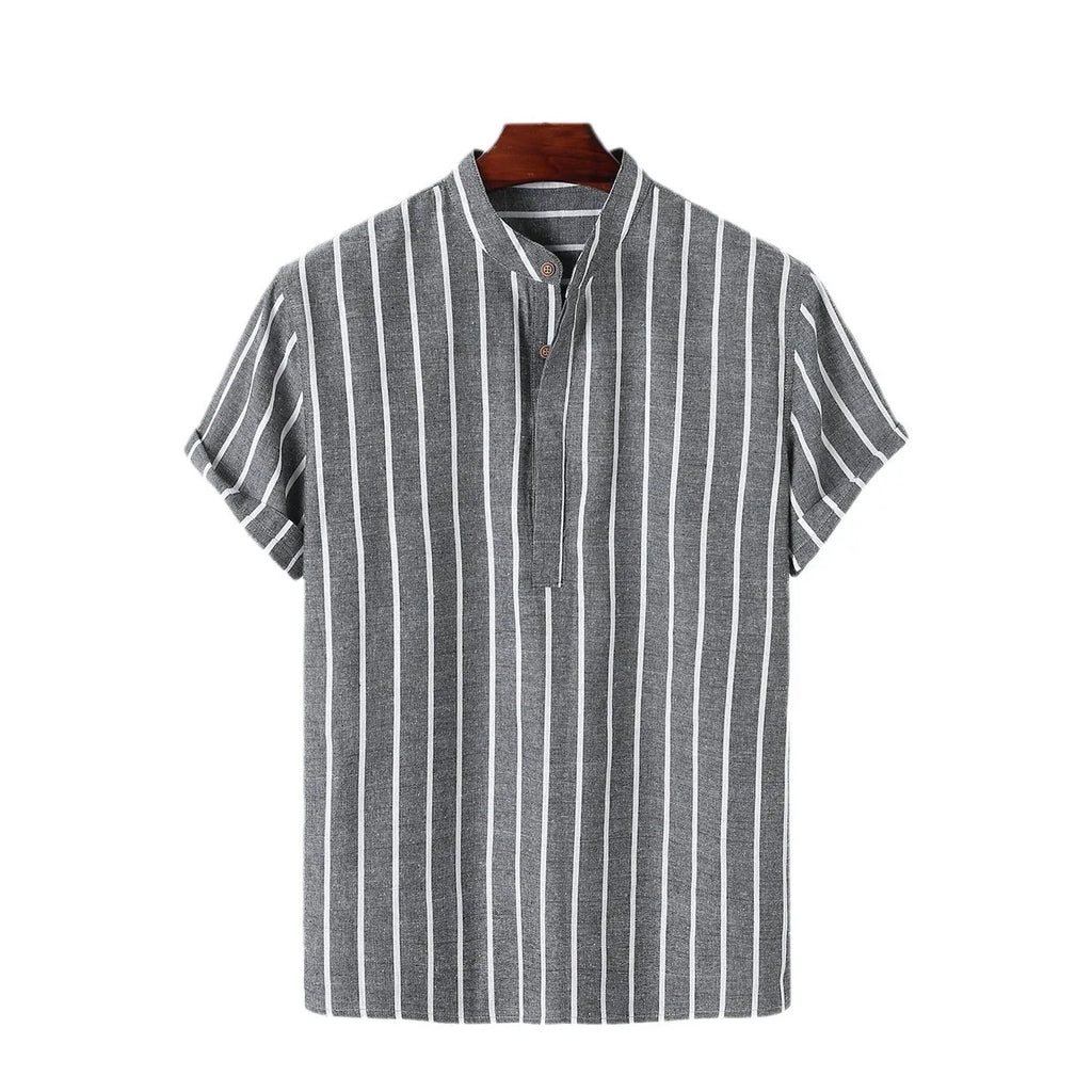 Men’s Striped Short Sleeve Shirt – Casual Linen Blend Stand Collar Summer Top