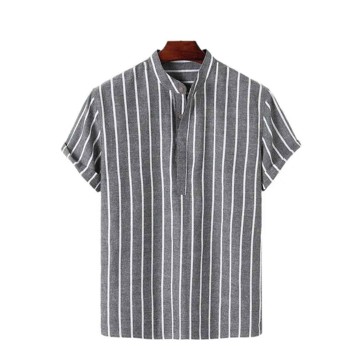 Men’s Striped Short Sleeve Shirt – Casual Linen Blend Stand Collar Summer Top