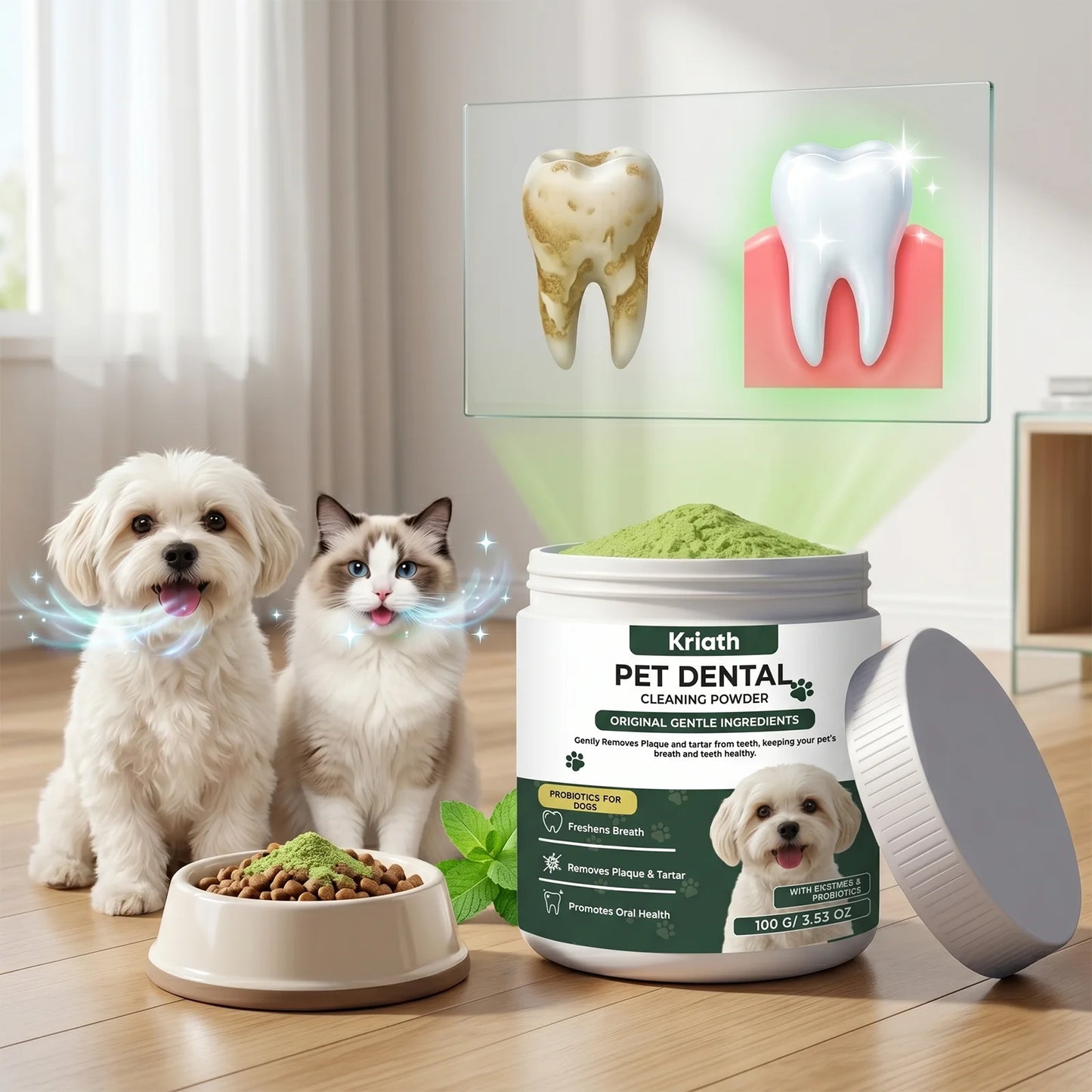 Natural Enzyme Dog Dental Powder - Cat Breath Freshener & Plaque Control