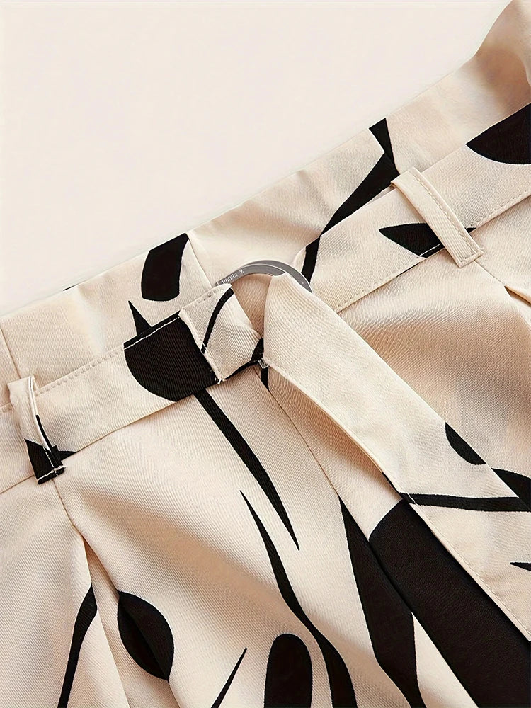 Ladies Abstract Print Belt Casual Wide Leg Pants Fashionable Loose Fit Trousers