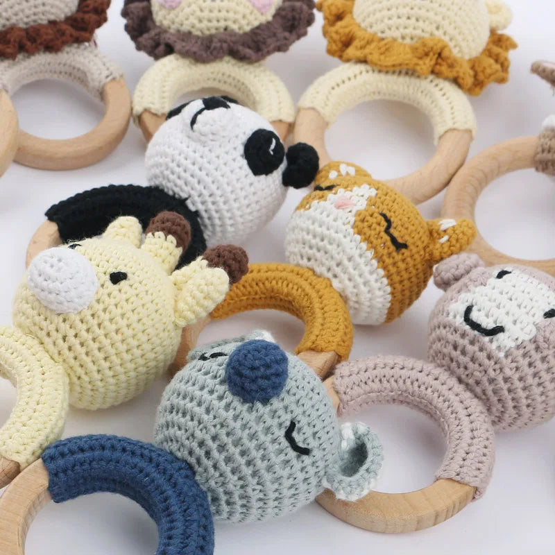 Amigurumi Cartoon Animal Baby Rattle Cute Wooden Ring Handhold Newborn Rattle Toys Handmade Pacifier Clips Kids Educational Toys - PULSE MART