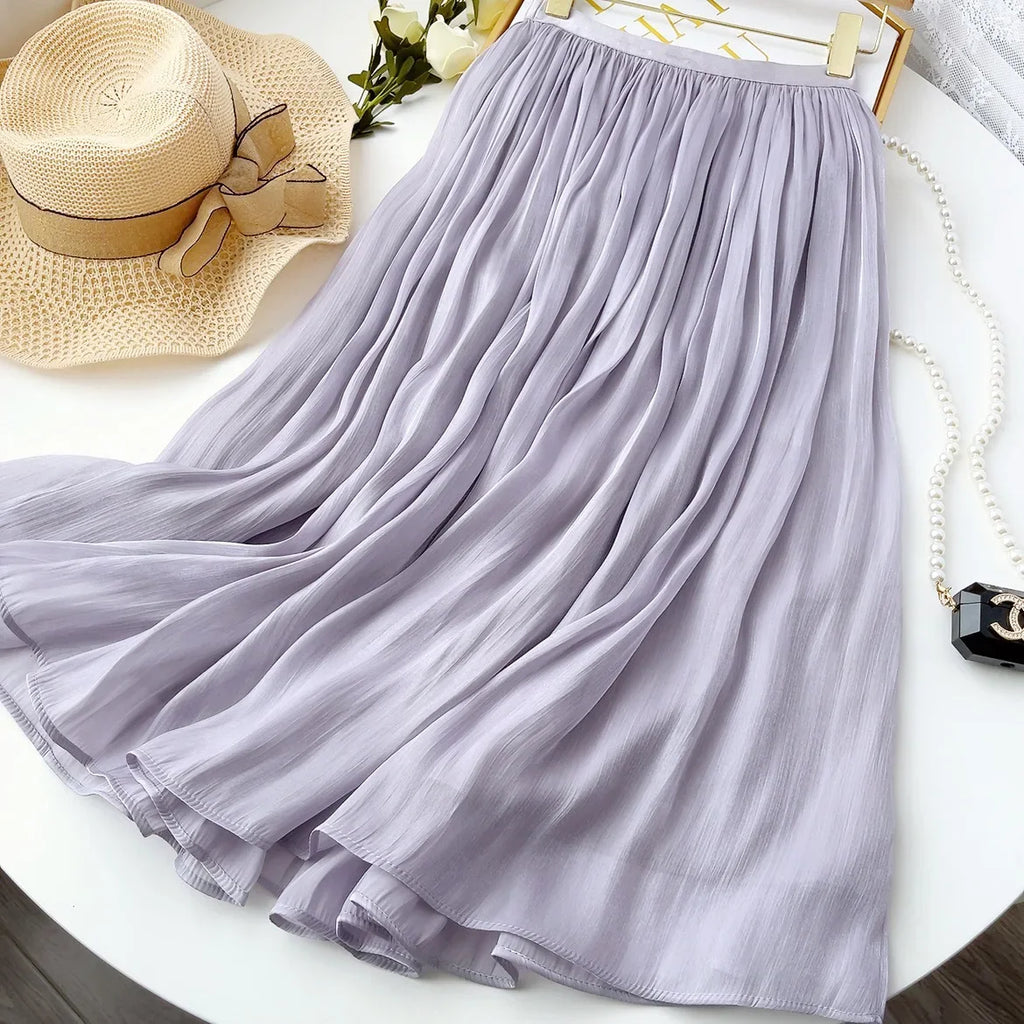 Women’s Summer Pleated A-Line Skirt – High Waist Slim Long Skirt, Elegant Streetwear