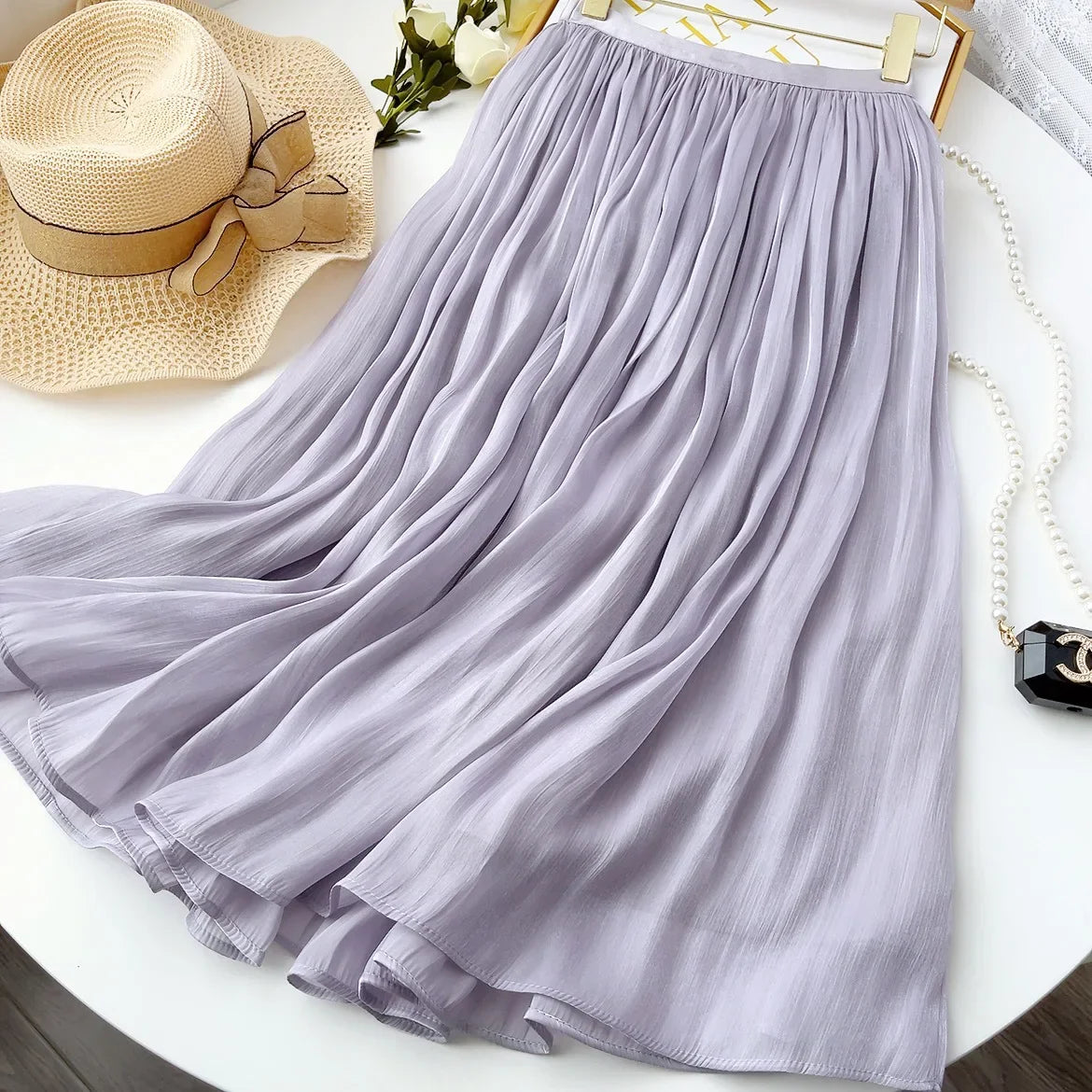Women’s Summer Pleated A-Line Skirt – High Waist Slim Long Skirt, Elegant Streetwear