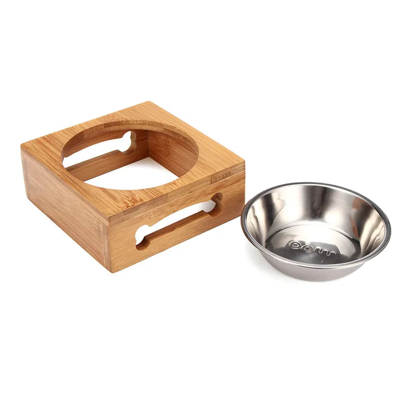 Ceramic Elevated Double Pet Bowls - Bamboo Wooden Stand for Cats & Small Dogs