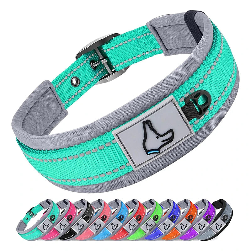 Reflective Padded Dog Collar - Heavy Duty Nylon & Neoprene