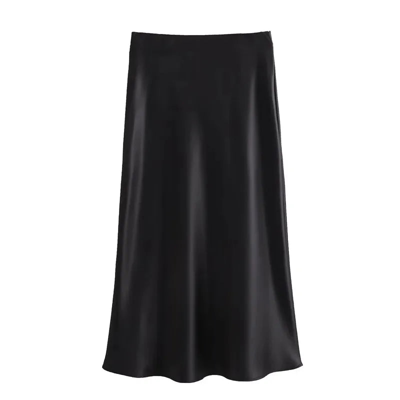 Women’s Satin Midi Skirt 2025 – High Waist Black Long Skirt for Summer
