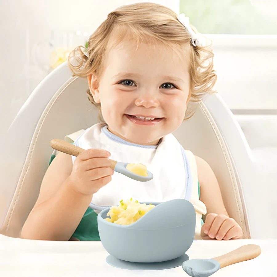 Mamaplan 3PCS Baby Silicone Feeding Set Toddler Suction Bowl Feeding Training Spoon Fork Baby Dishes Plate Baby Accessories - PULSE MART