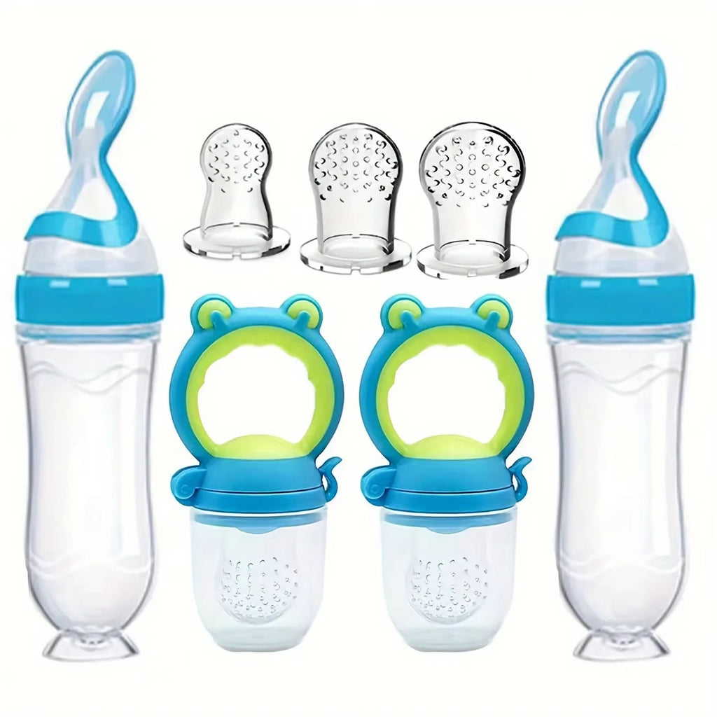 7pcs Baby Feeding Set: 2pcs Soft Silicone Feeding Bottle with Spoon,2pcs Fruit Feeder Pacifier with 3-Size Nipples - PULSE MART